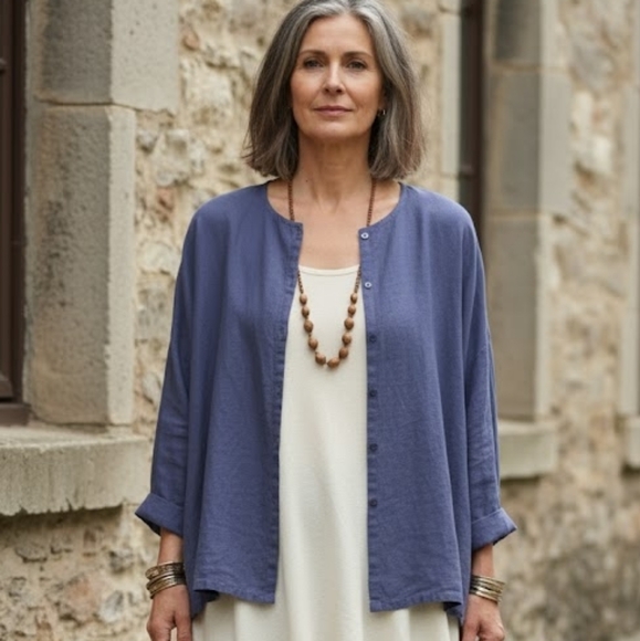 Eileen Fisher Tops - Eileen Fisher 100% Irish linen button down mandarin collar shirt M
